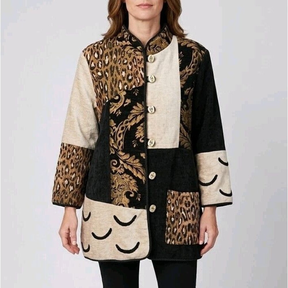 Ali Miles Patchwork Tapestry Jacket size L Animal Print Artsy Boho